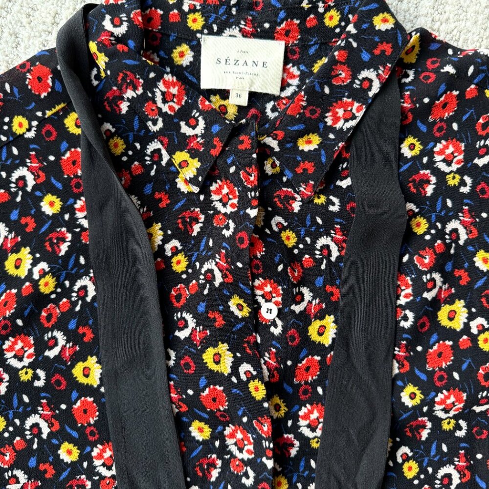 Sezane Black Floral Tuxedo-Style Blouse - Picture 6 of 6